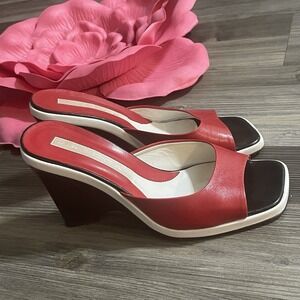 VIA SPIGA Womens Sz 7.5 M Red/White/Black Leather Wedge Mules Sandals Open Toe